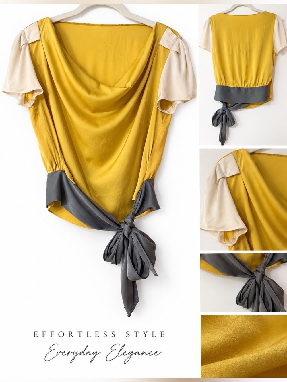 Women’s Mustard Yellow Gray Cream Silky Cowl Neck Tie Front Blouse